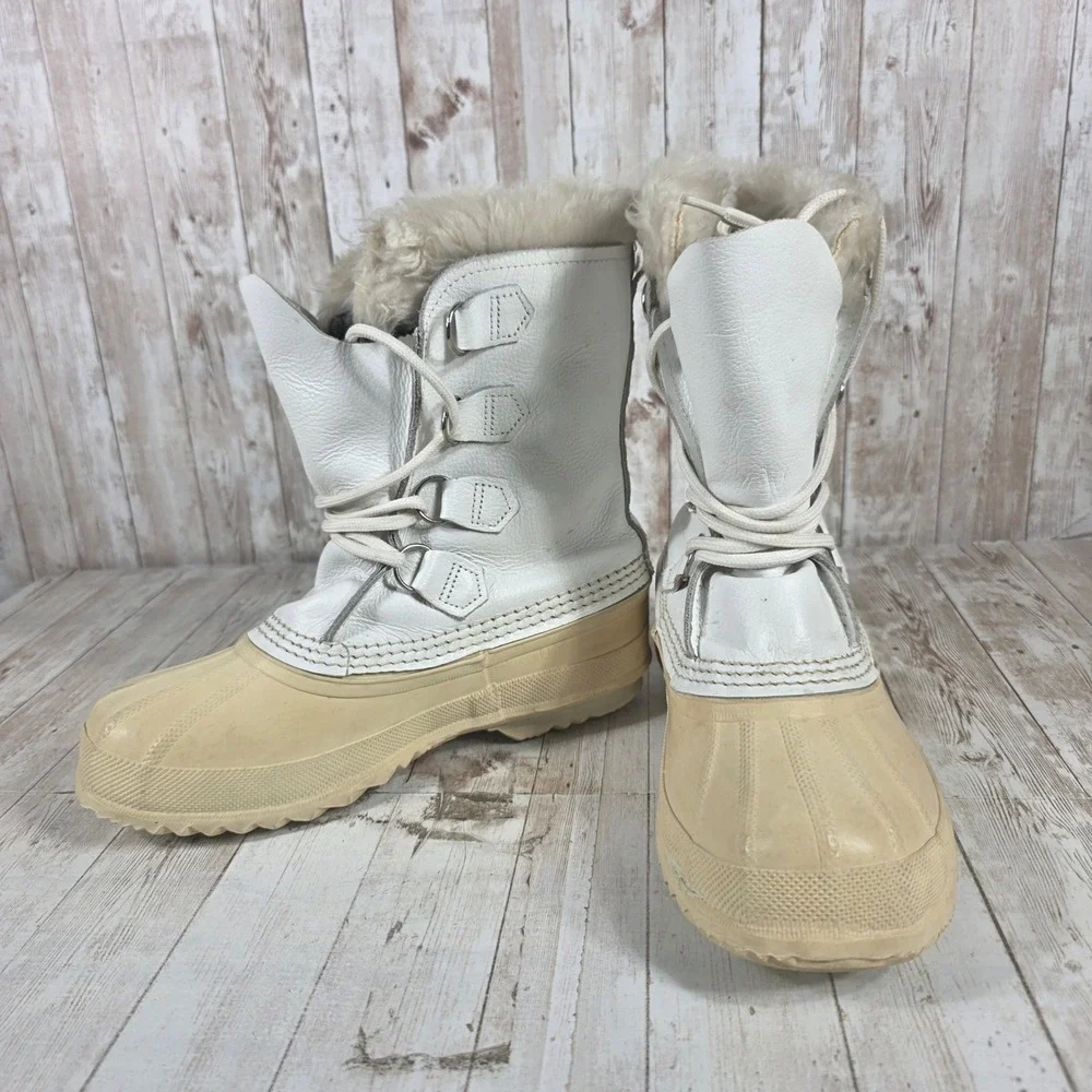 Sorel Manitou White Leather Snow Boots Womens 7‎ Made in Canada Duck Boots Fur